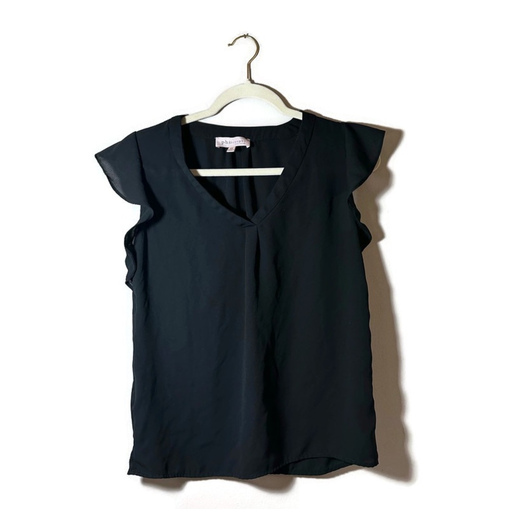 Philosophy Black V-Neck Ruffle Sleeve Sheer Top Size XS